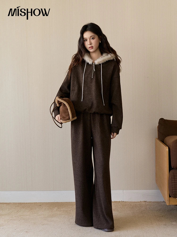 MISHOW Women's Brown Two-Piece Set 2025 Winter Faux Fur Hood Sweatshirt Elastic Waist Wide-Leg Pants Warm Casual Sets MXE94T1476