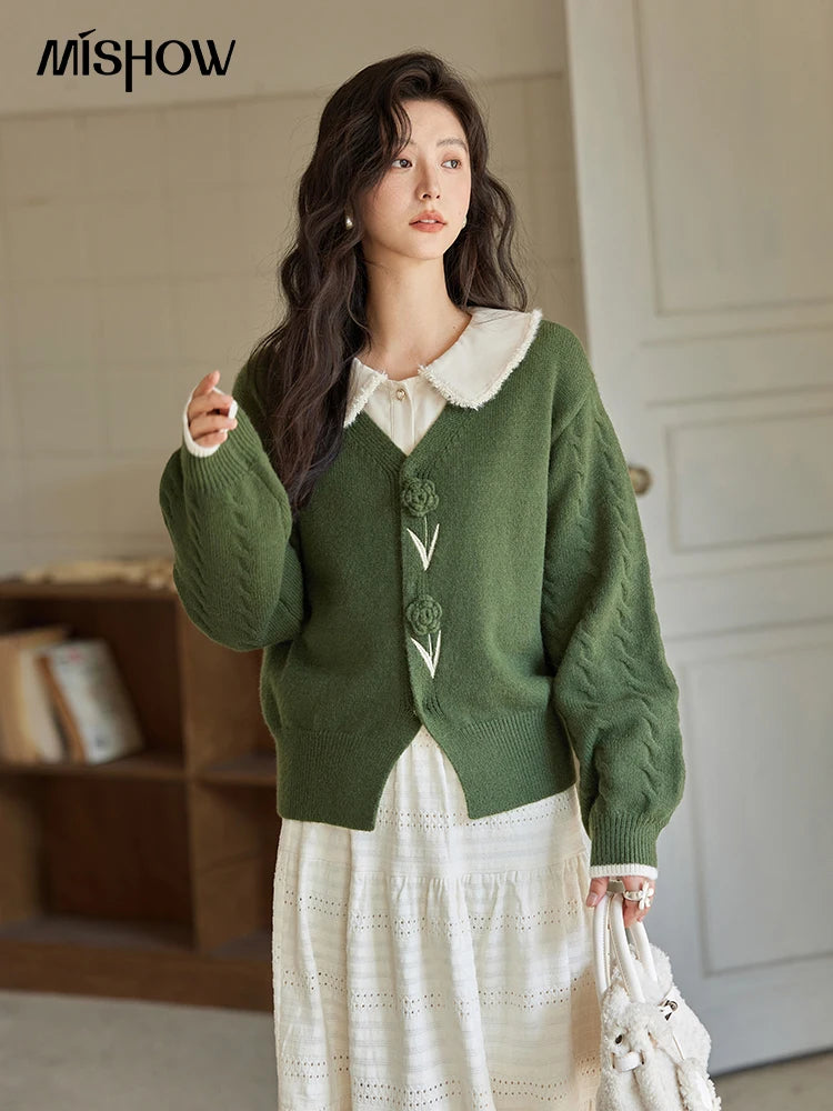 MISHOW Cardigan V-neck Women Three-Dimensional Flowers 2024 Fall Gentle Soft Knitted Sweaters Women Short Tops MXD36Z0894