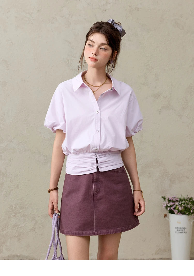 MISHWO Office Lady Solid Blouses Women Summer New 2025 Short Sleeve Turn-down Collar Purple Cotton Shirts Female Thin MXE32X1794