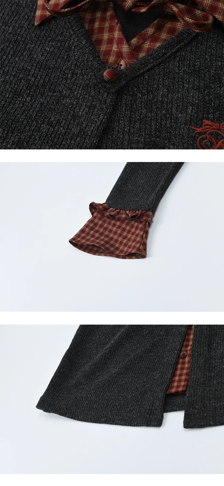 MISHOW Women's Fake Two Knitted Sweaters 2025 Autumn Plaid Splicing Embroidered Tops Retro Lapel Flare Sleeve Tops MXE45Z1401