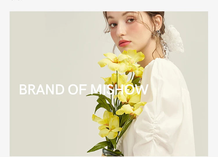 MISHOW Cashew Flower Embroidered Blouse Autumn 2025 Ruffle V-neck Lace Up Tops 100 Lyocell Lantern Sleeves Blouses MXE43X1987