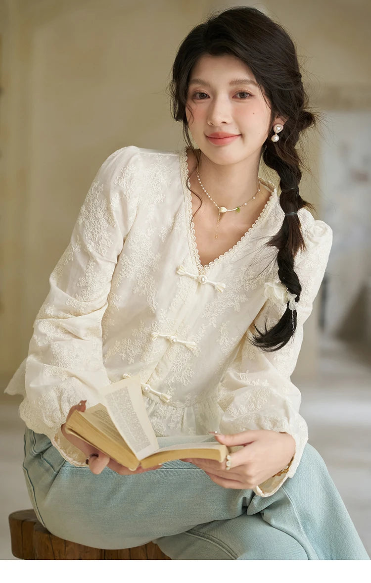 MISHOW Chinese Lace Blouses French Sweet Three-dimensional Embroidery Spring 2024 Button Up V-neck Long Sleeved Top MXD14X1433