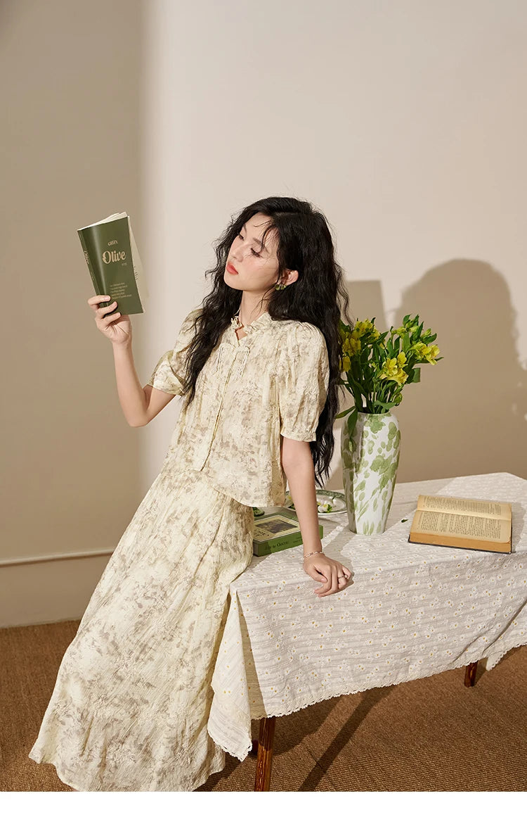 MISHOW Chinese Chiffon Embroidered Shirt A-line Skirt Separately Summer Puff Sleeve Top Rear Elastic Waist Skirt MXD24X1405