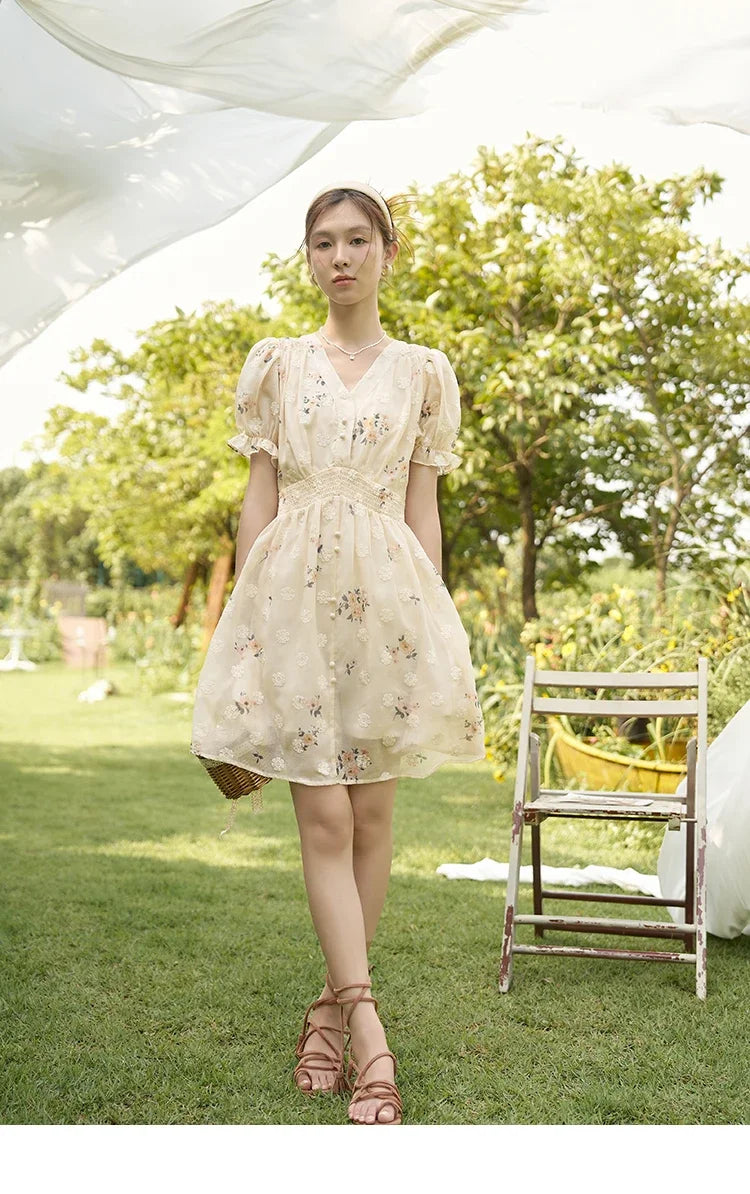 MISHOW Women's Chiffon Dress 2025 Summer French Elegant Floral Embroidered A-LINE V-Neck Sweet Knee-Length Dresses MXC38L1424