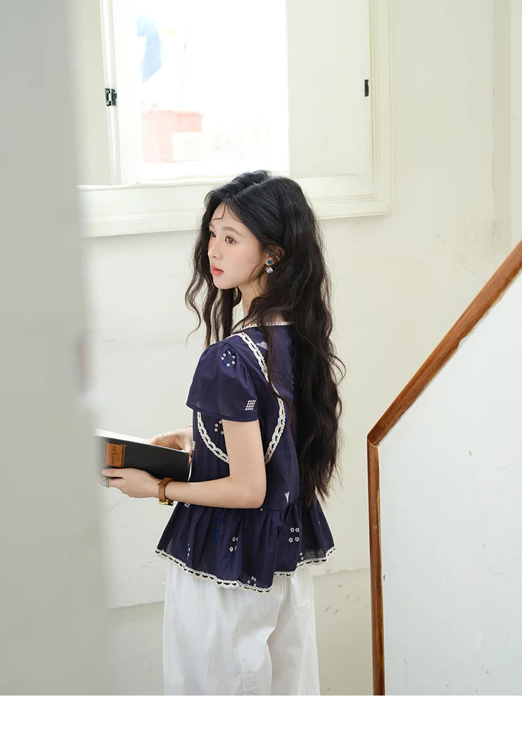 MISHOW Women's O-Neck Spliced Lace Blouse 2025 Summer New Fashion Embroidery Flower Casual Loose Top Ladies Clothing MXE39X1965