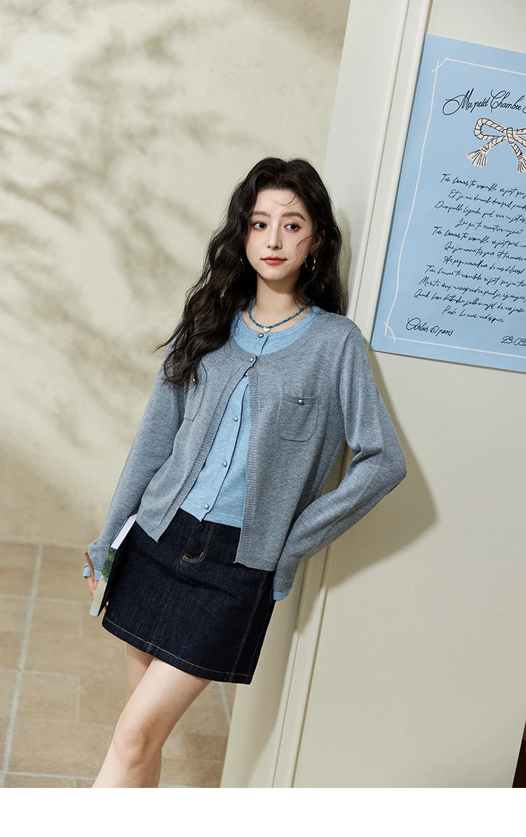 MISHOW Wool Knitted Cardigan Fake Two-piece Contrasting 2025 Spring Women Slim Fit Top O Neck Patch Pocket Sweaters MXE12Z1144