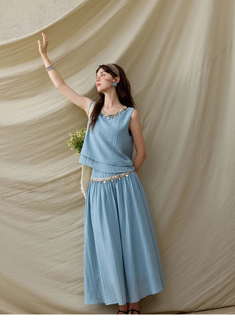 MISHOW Office Lady Summer Vest Skirt Sets Women 2025 Sheel Ribbon Solid Round Neck Tops Loose High Waist Skirt Female MXE32T0556