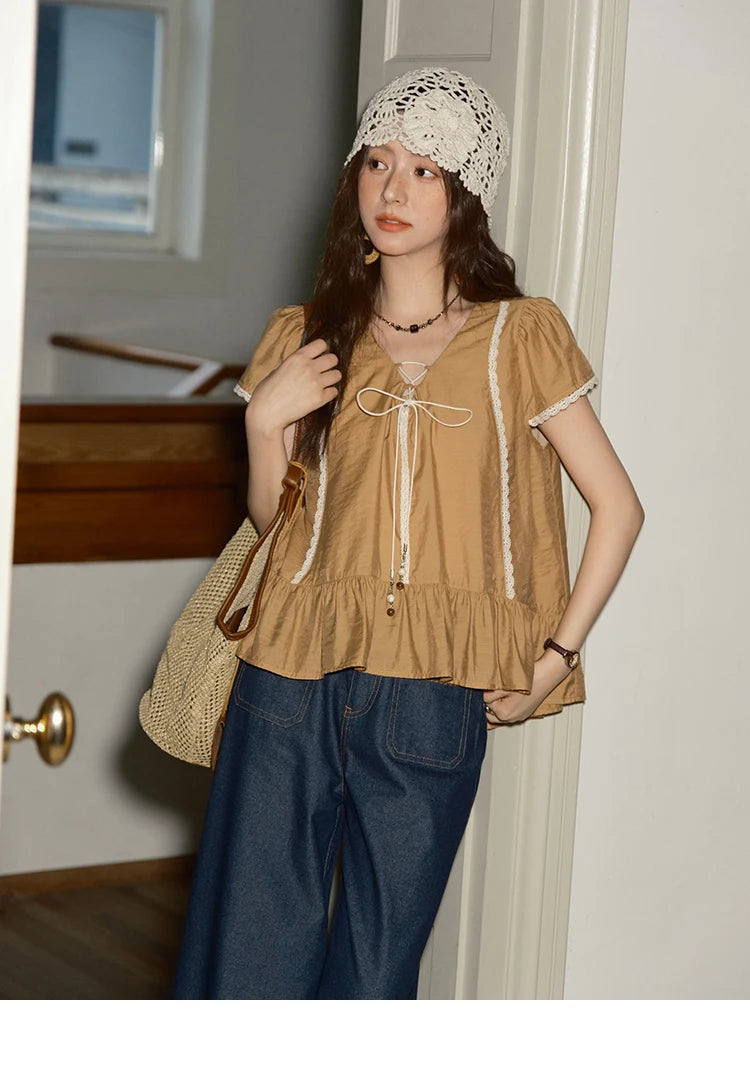 MISHOW V-Neck Puff Sleeve Blouse Lace Up Patchwork Ruffle Edge MXE37X1852
