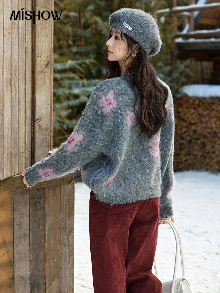 MISHOW Wool Yarn Plush Fur Flower O-Neck Pullover Knitted Sweater Women Clothes Warm Versatile Long-sleeved Tops MXD56Z1001