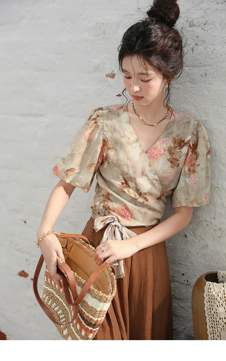 MISHOW French V-neck Floral Tops 2024 Summer Retro Short Sleeved Blouses Female Puff Sleeve Hem Strap One Piece Top MXD28X1619