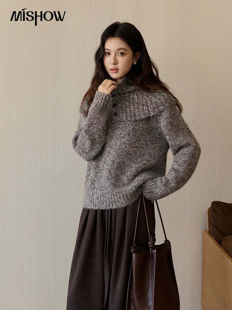 MISHOW Women's Gray Knit Sweater with Neckwear Scarf 2025 Winter Textured Button Decor Loose Warm Pullover Sweater MXE94Z2978