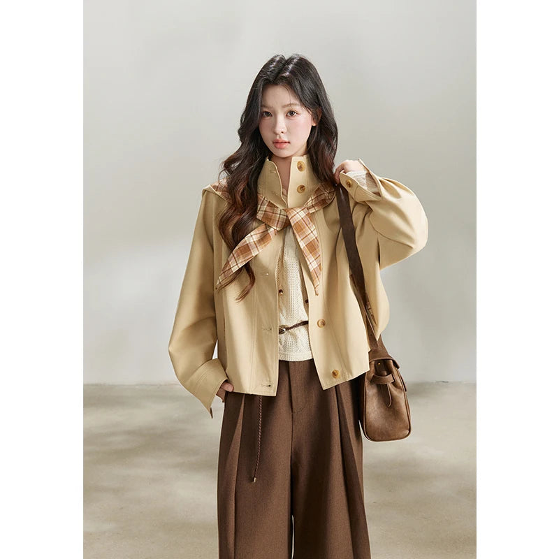 MISHOW Women's Khaki Cropped Trench Coat Spring Lapel Stand Collar Coats Removable Plaid Cap Casual Loose Jacket MXF108W1003