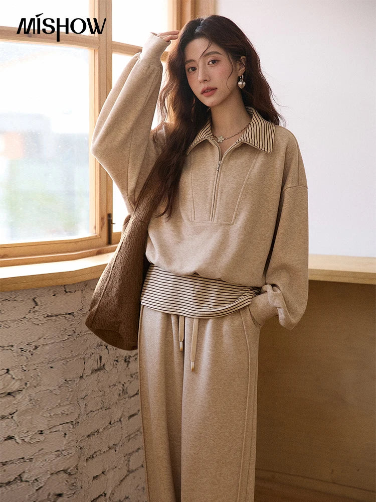 MISHOW Woman Pants Set 2025 Winter Casual Retro Sweatshirt Set Striped Lapel Half-Zip Sweatshirt Wide Leg Pants MXE87T1425