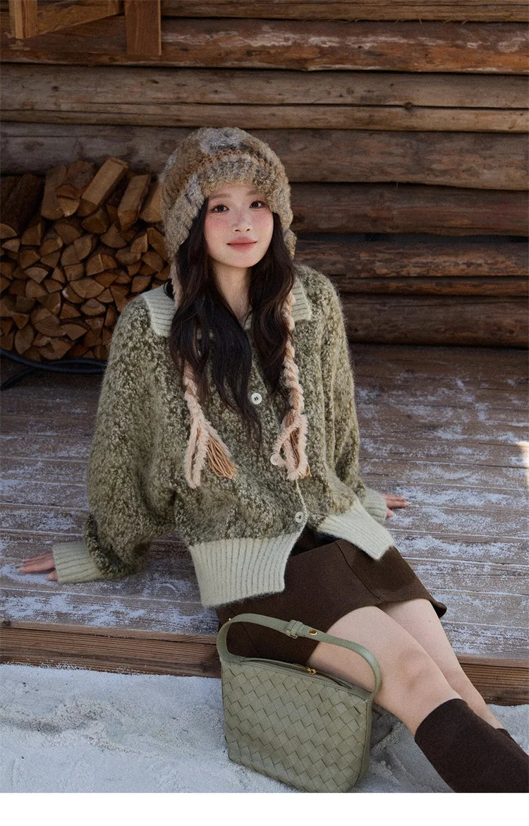 MISHOW Women's Green Retro Mottled Sweater Winter 2025 Casual Stand-up Collar Batwing Sleeves Knitted Cardigan tops MXE90Z2787