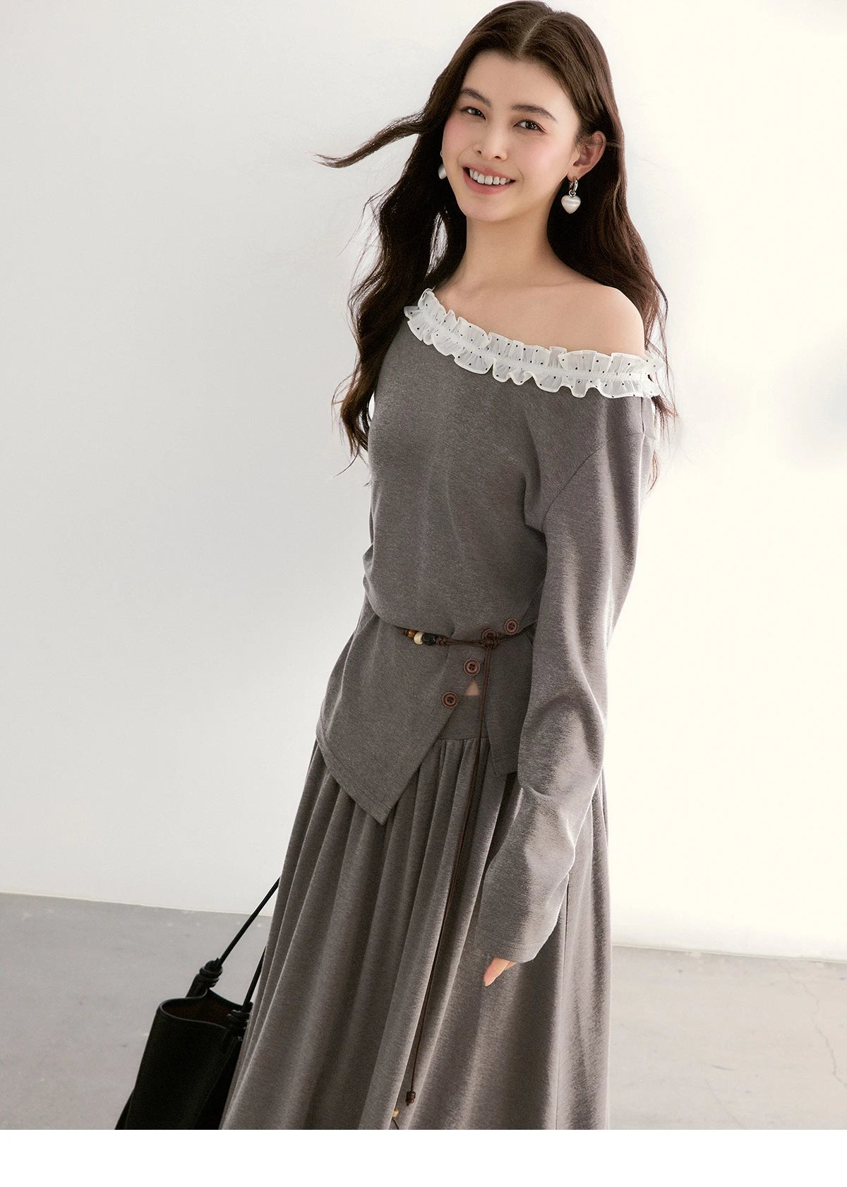 MISHOW Women's Grey Irregular Top Elastic Waist Skirt Two-Piece Set Spring Off-Shoulder Lace Trim Top Maxi Skirt Set MXF13T1479