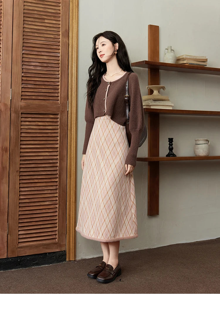 MISHOW French Vintage Dress O Neck Knitted Cardigan Separately Women Sweet Knitted Short Sweater Plaid Camisole Dress MXD43L2012