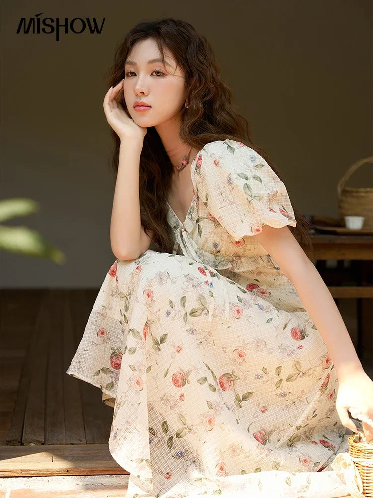 MISHOW Elegant Fairycore Floral Dresses for Women 2023 Summer French A-line Ruffles V-neck Puff Sleeve Sweet Dress MXC33L1465
