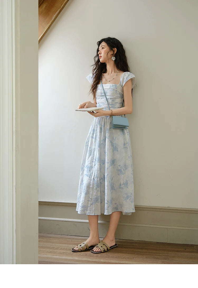 MISHOW Women's Fashion Print Dress 2025 Summer Square Neck Flying Sleeve Vacation High Waist Dresses Women's Clothing MXE35L2274