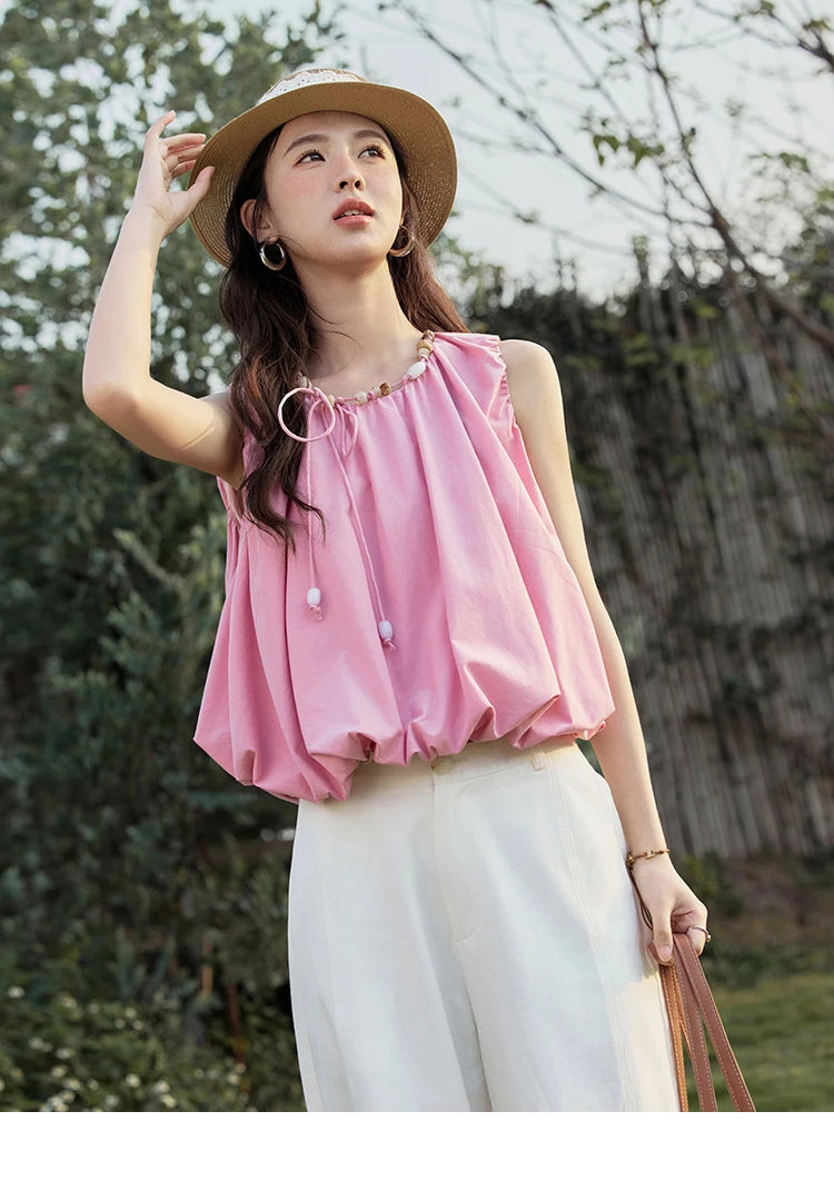 MISHOW French Rose Red Blouses Women Summer 2025 Sleeveless Round Neck Beaded Strap Design Short Tops Lady New Thin MXE32X1773