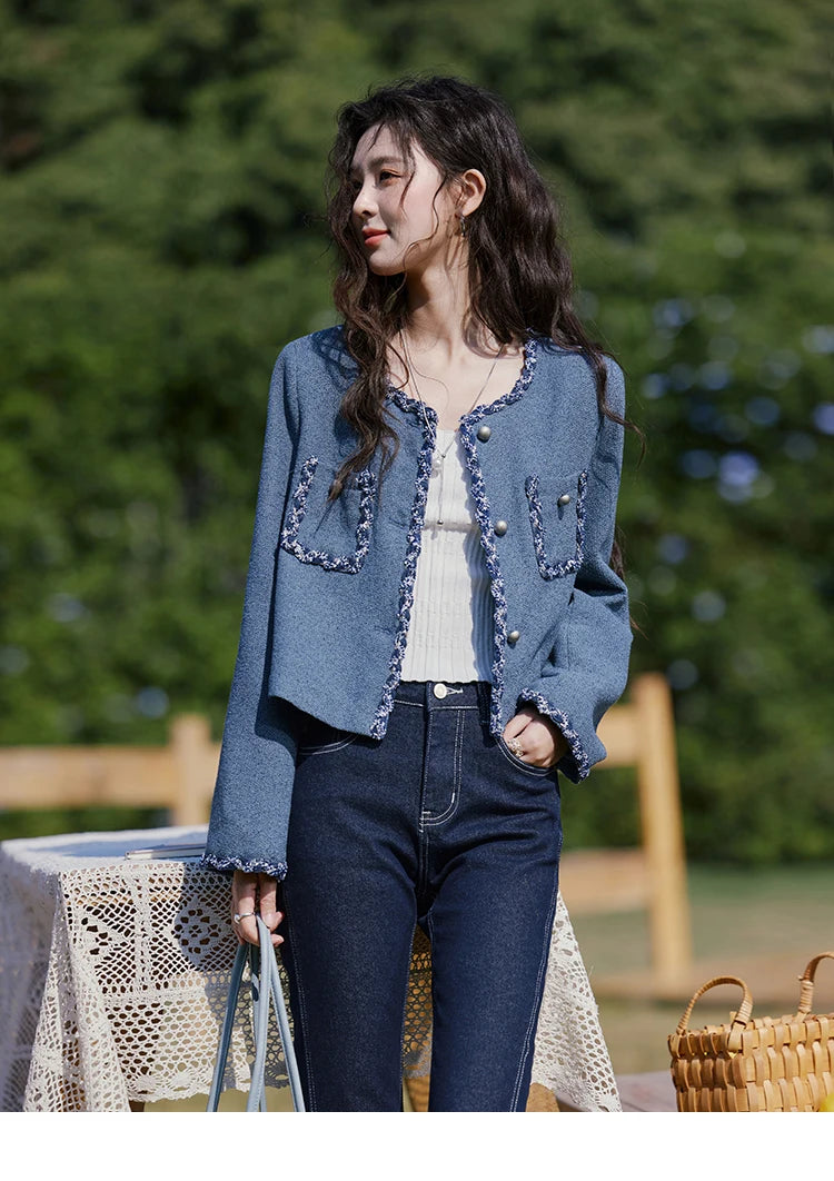 MISHOW Retro Fragrant Style Jacket for Women Spring 2025 Shoulder Pads Coarse Tweed Splicing Ribbon Blue Suit Coats MXE13W0705