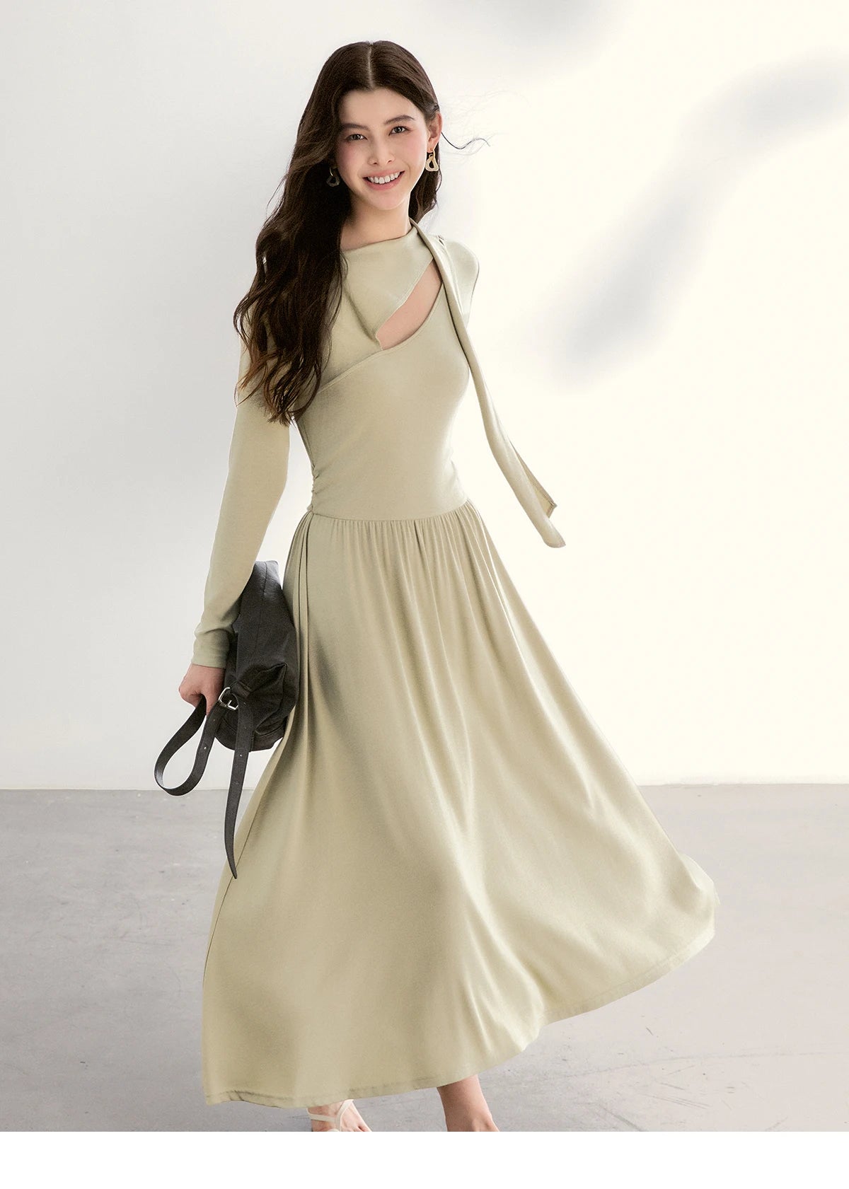 MISHOW Women's Light Green Midi Dress 2026 Spring Cutout Neck Hollow Out Ribbon Dresses Elegant Long Sleeve Dress MXF13L2556