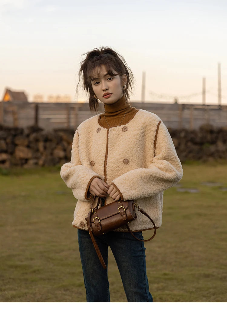 MISHOW Lamb Wool Coat 2023 Double Breasted Winter French Lambswool Jacket Women's Thick Warm Solid New Outerwears MXB45W0850