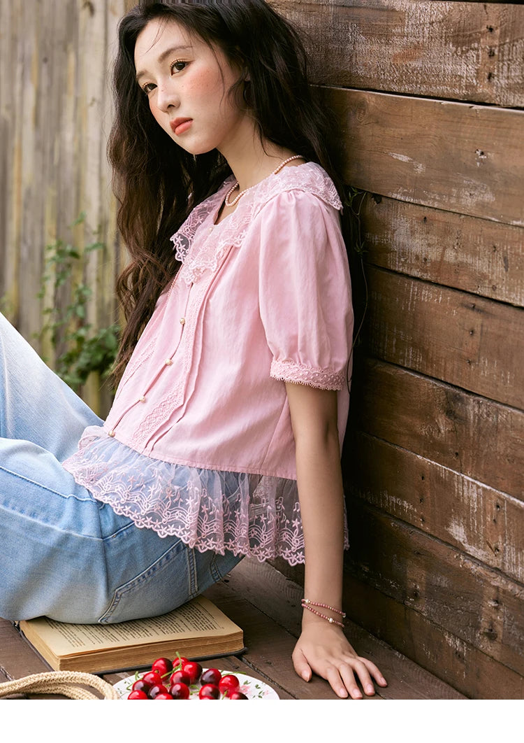 MISHOW Women's Pink Spliced Lace Round Neck Blouses 2025 Summer Lace Hem Sweet Blouse Single Row Metal Buttons Top MXE32X1768