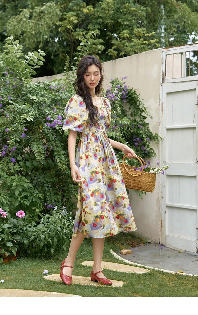 MISHOW Floral Smocked Midi Dresses for Women 2025 Summer Puff Short Sleeve Beach Vacation Beach French Retro Dress MXD24L1905