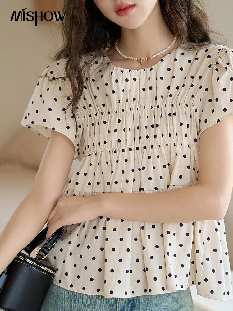 MISHOW Polka Dot Blouses for Women 2025 Summer French Flying Sleeve O Neck Elastic Folds Loose Retro Female Doll Top MXC39X1291