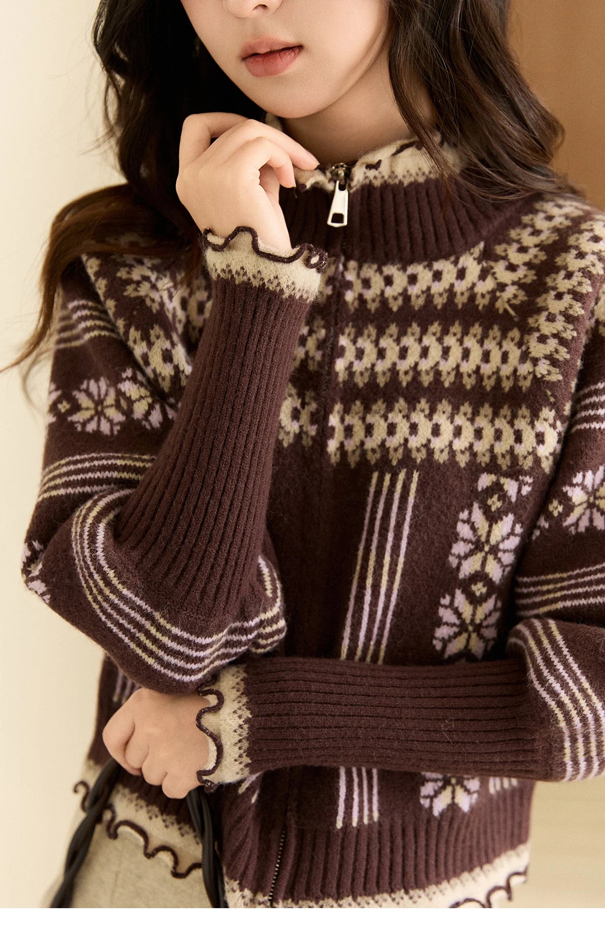 MISHOW Women's Brown Knitted Fair Isle Sweater Vintage Jacquard Lantern Sleeves Zipper Top Ruffled Trim Warm Sweaters MXE91Z2868
