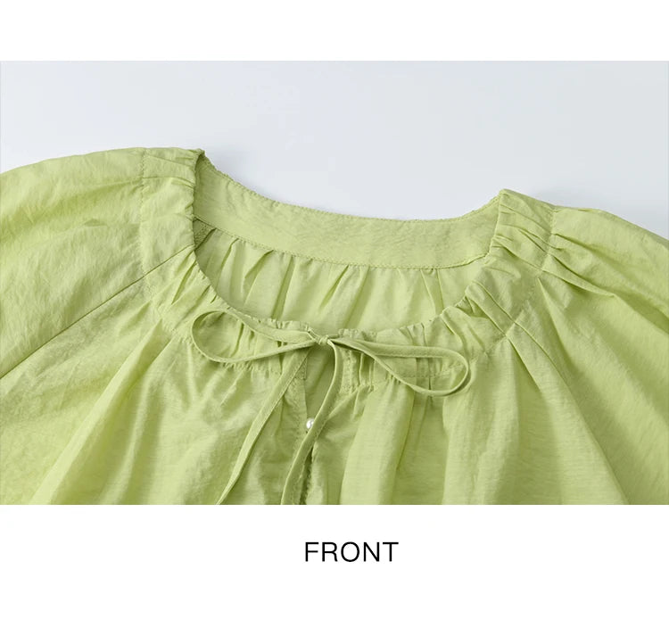 MISHOW Women's Round Neck Blouse 2025 Summer New Fashion Lace Up Puff Sleeve Casual Chiffon Top Ladies Clothing MXE36X1875