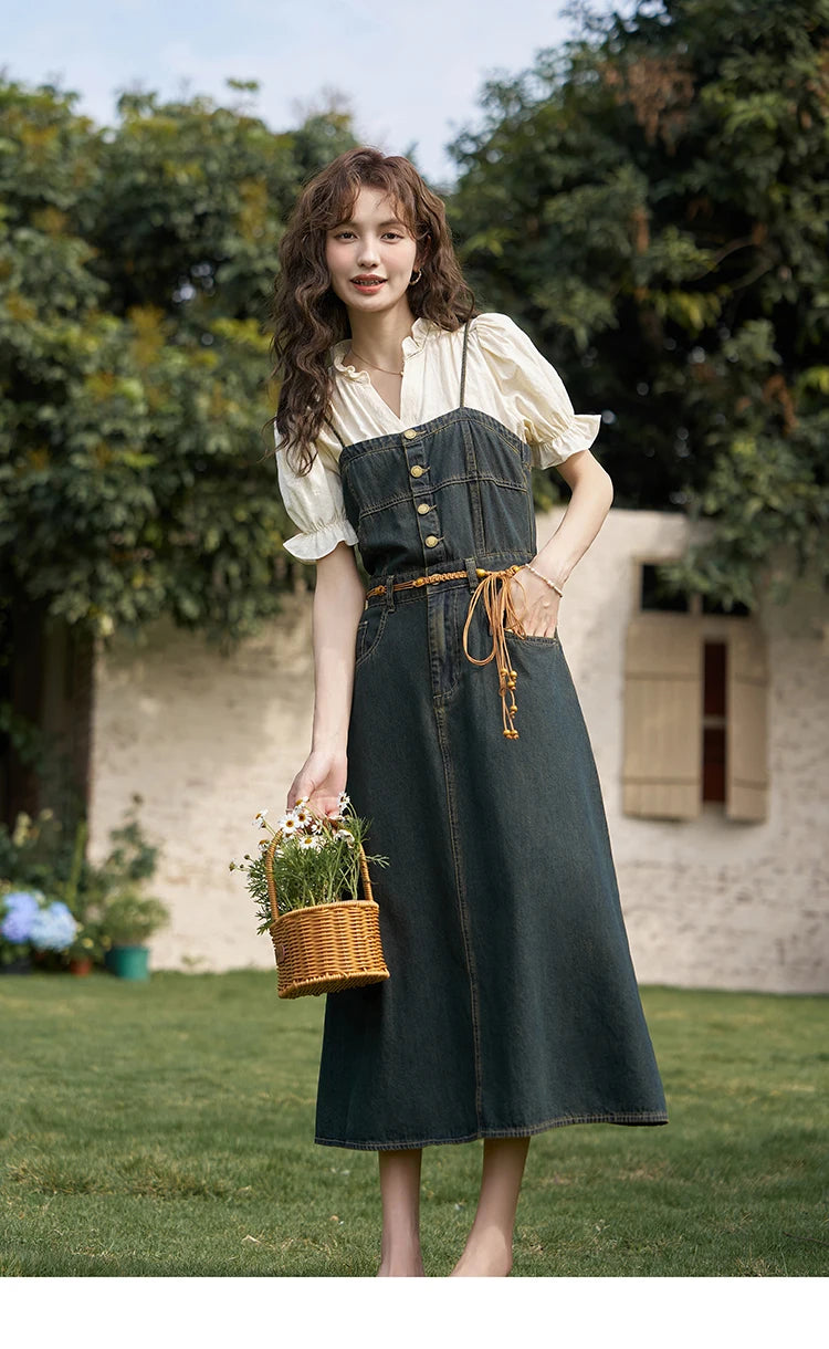 MISHOW Suspender Denim Dress Paired Blouse Separately 2024 Summer V Neck Puff Sleeve Top Back Elastic Waist Dress MXD21L1664