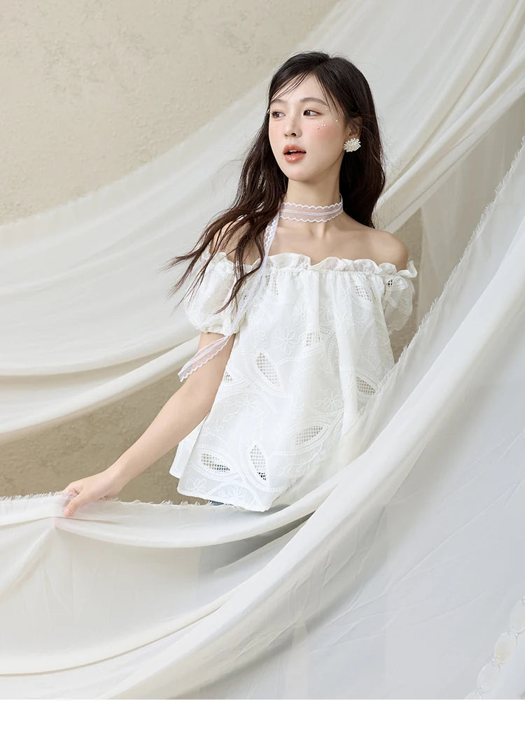 MISHOW French Summer Shirts Women New 2025 Slash Neck Short Sleeve Solid Lace Blouses Female Fashion Slim Tops Lady MXE35X1775