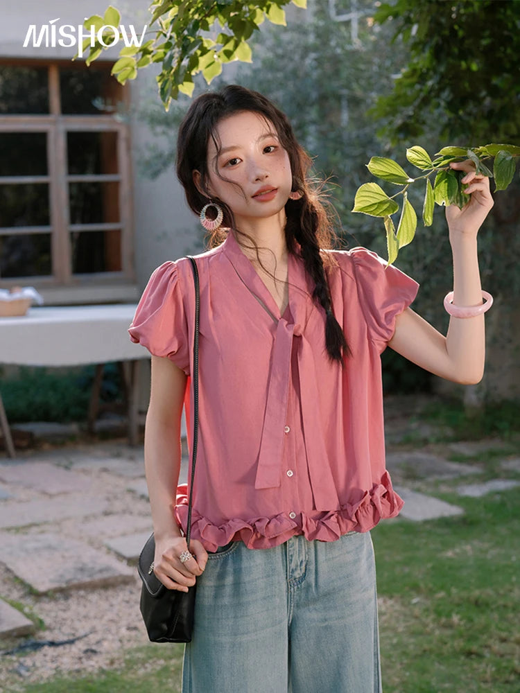 MISHOW Women's Summer V-neck Blouse 2025 New Fashion Puff Sleeve Lace Up Button Sweet Top Casual Female Clothing MXE38X1914