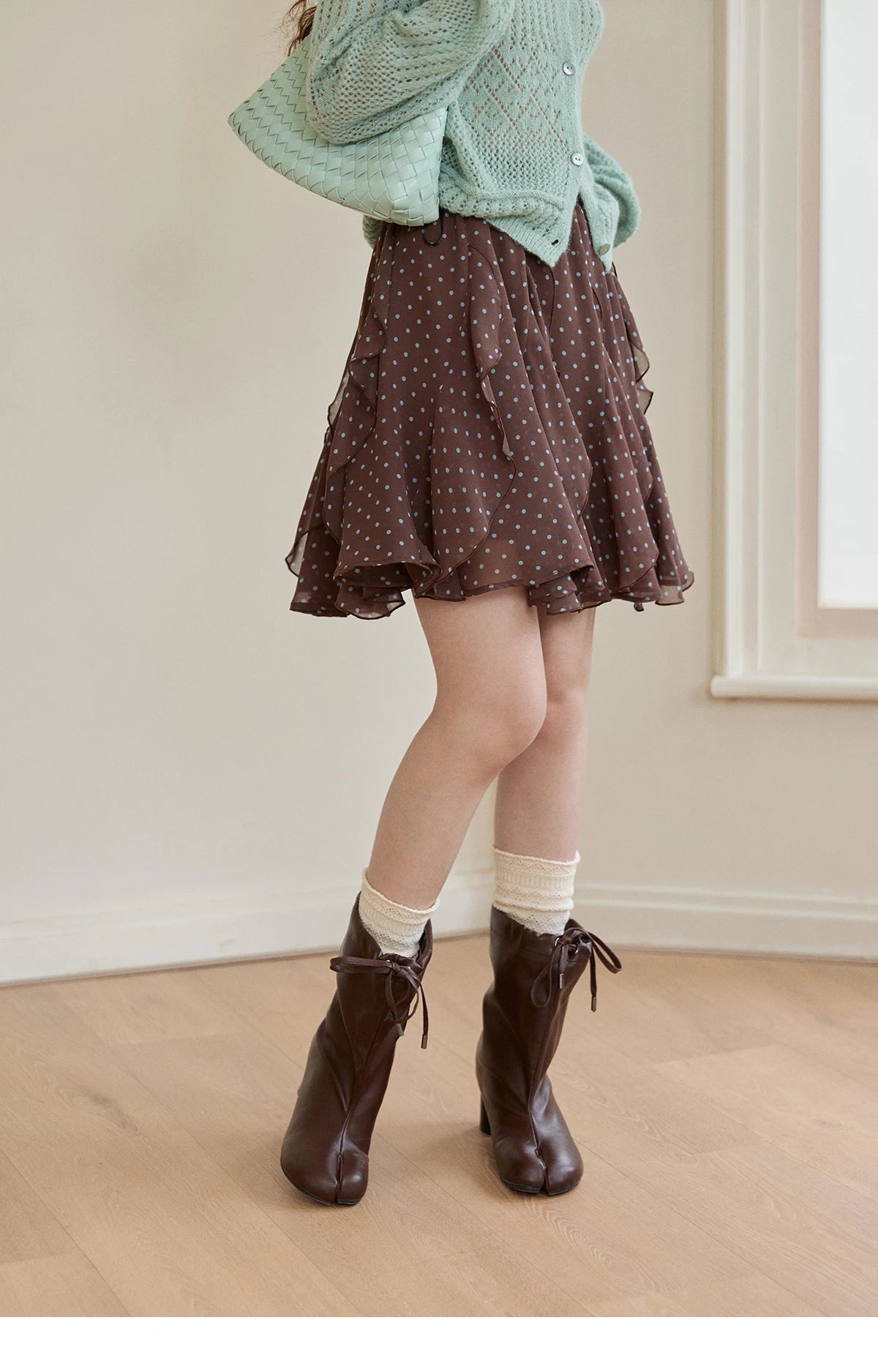 MISHOW Women's Brown Polka Dot Skirt Spring Irregular Ruffled Chiffon Elastic Waist Skirts Casual A-line Mini Skirt MXF13B2476