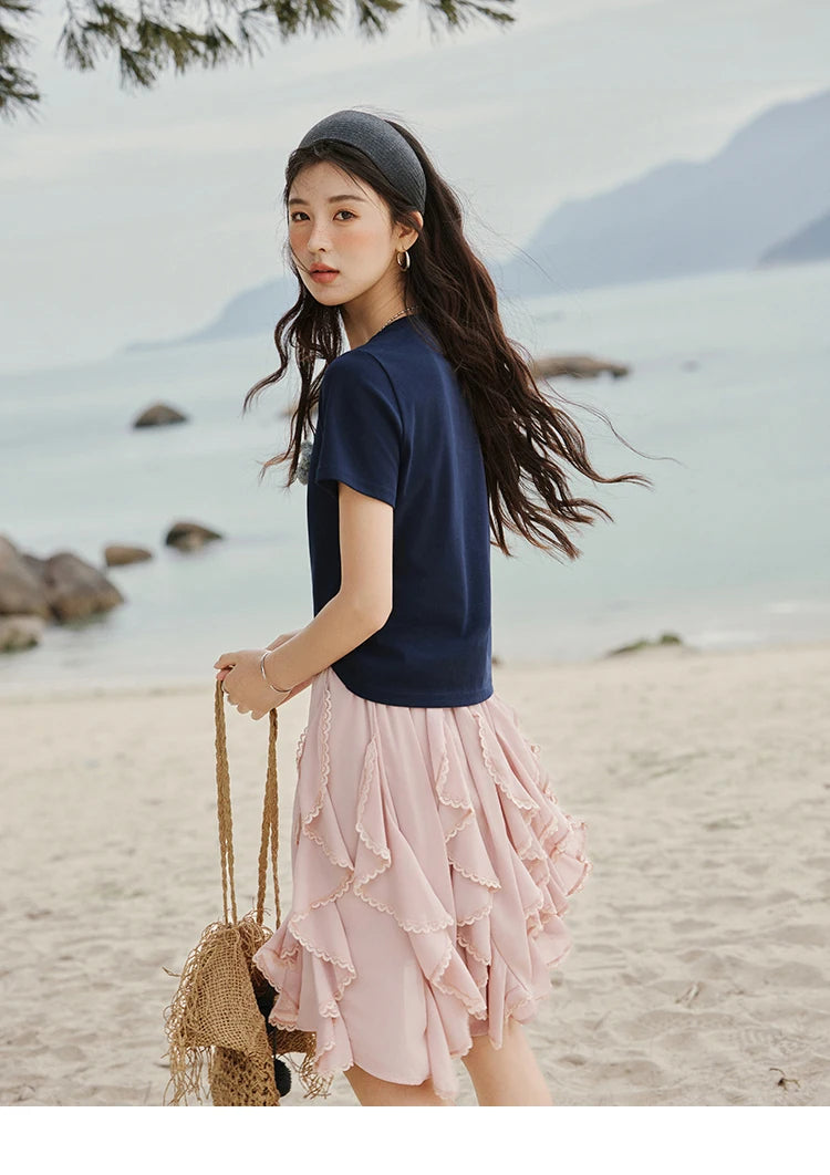 MISHOW Casual Summer Print T-shirts Women New 2025 Short Sleeve Round Neck Flower Beaded Shirts Female Fashion Tops MXE33T0499