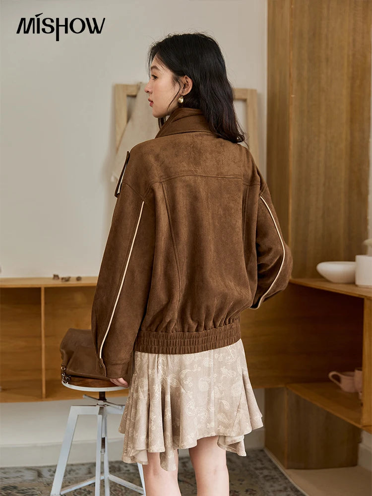 MISHOW Woman Retro Jacket 2025 New Split Turn Down Collar Brown Suede Short Loose Coat Commute Autumn Women Clothing MXE48W0850