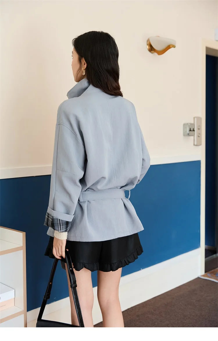 MISHOW Two Sided Outerwear Trench for Women Autumn Winter 2025 Blue Plaid Patchwork Diagonal Placket Belt Trench MXE48W0871