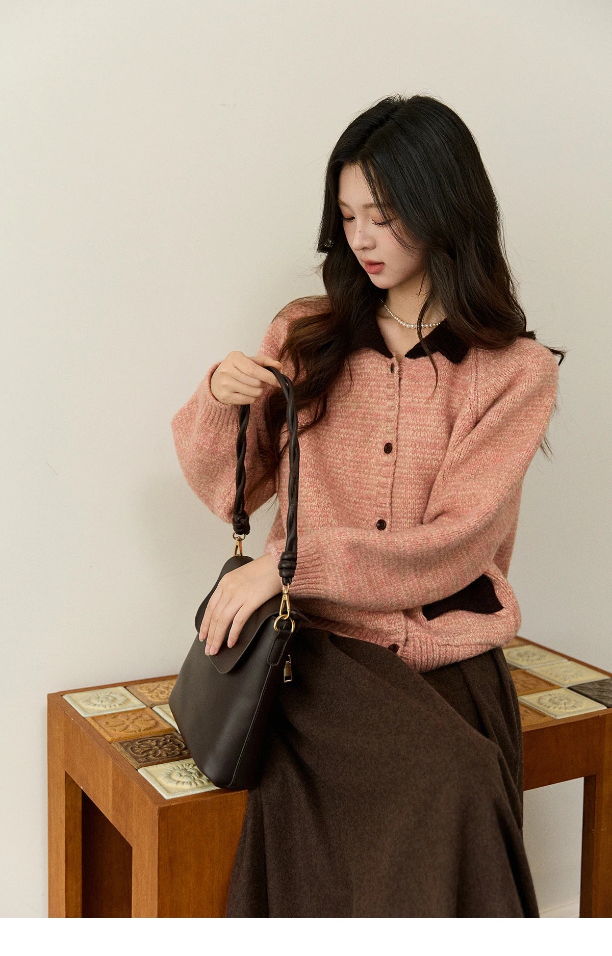 MISHOW Women's Pink Knitted Cardigan Autumn Winter Contrast Collar Bow Pocket  Top Single-breasted Loose Warm Sweater MXE94Z2957