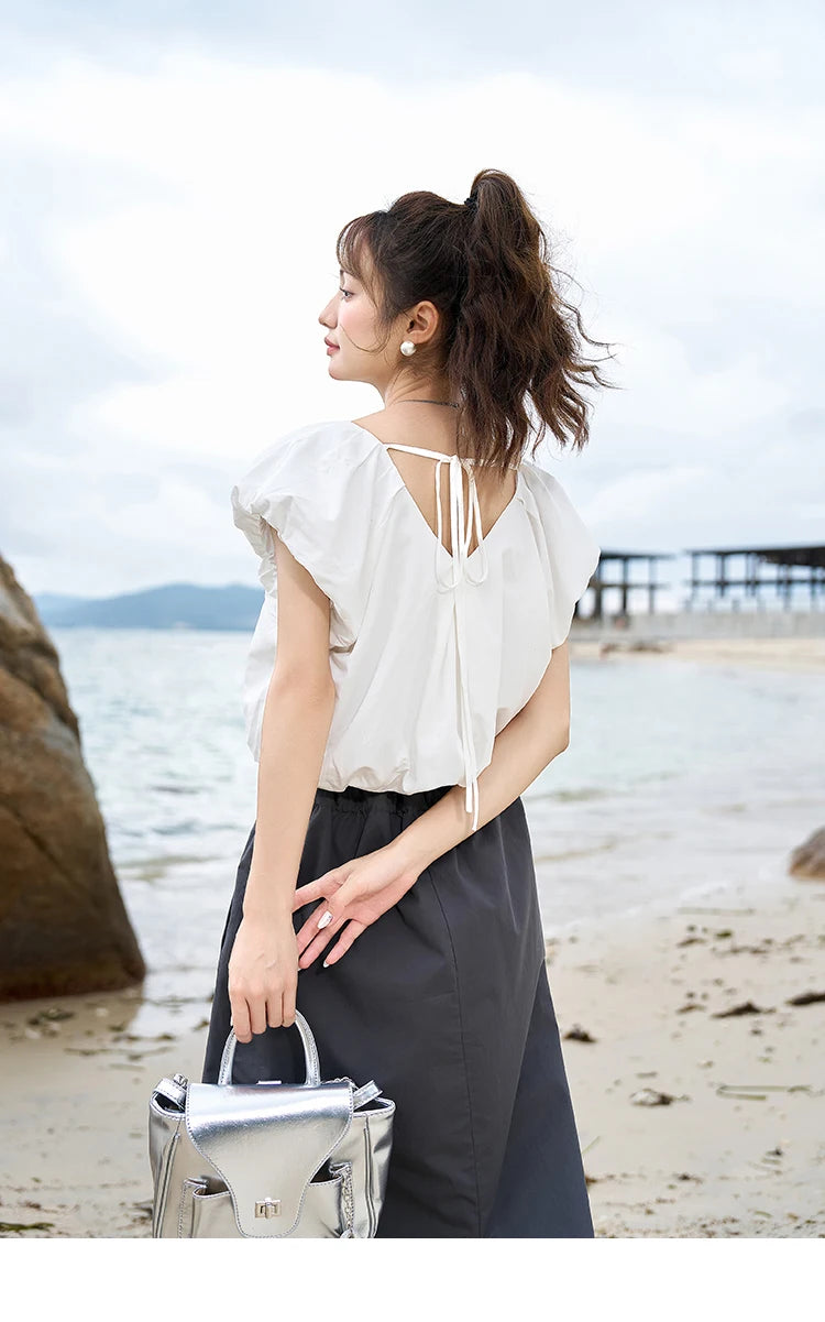 MISHOW Soft Blouses for Women 2025 Summer French Rear Collar Tie Up Solid Short Sleeve Solid V Neck Puff Sleeve Tops MXC38X1275