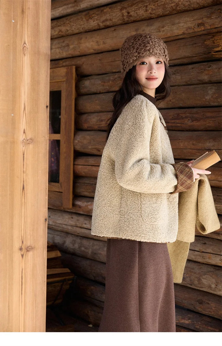 MISHOW Woman Plaid Patchwork Lamb Wool Coat 2025 Winter Round Neck Coat Commute Warm Loose Jacket （Without A Scarf）MXE90W0923