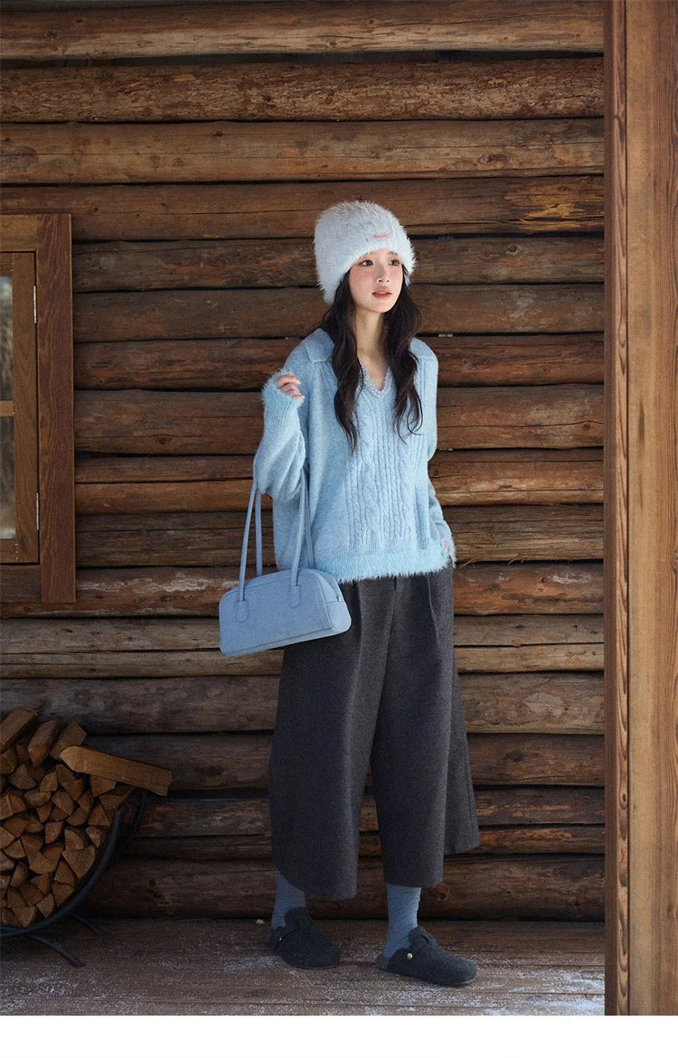 MISHOW Women's Pants 2025 Fashion Gray Wool Wide-leg Pants High-waisted Cropped Retro Style Commuting Pants Warm MXE90K1128