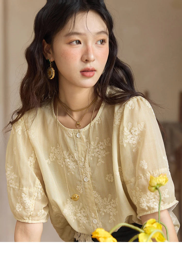 MISHOW French Retro Embroidered Floral Blouse for Women Summer 2025 Round Neck Single Breasted Top Puff Sleeve Blouse MXE36X1874