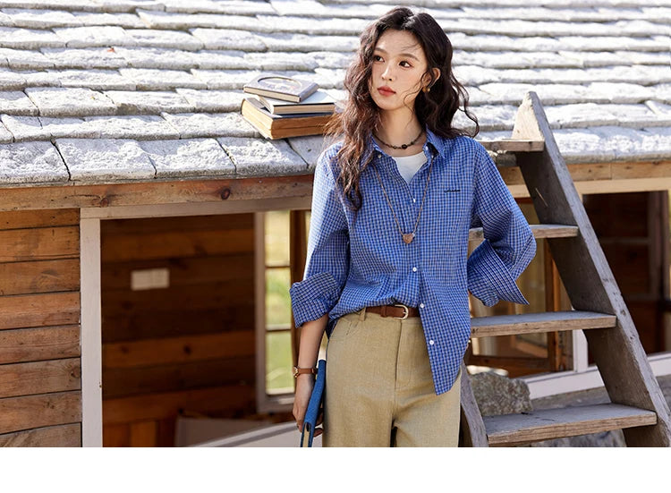 MISHOW Fashion Retro Blue Checkered Shirt Women's Autumn New Loose Casual Lapel Cotton Shirts Long Sleeves Tops Women MXE11C0398