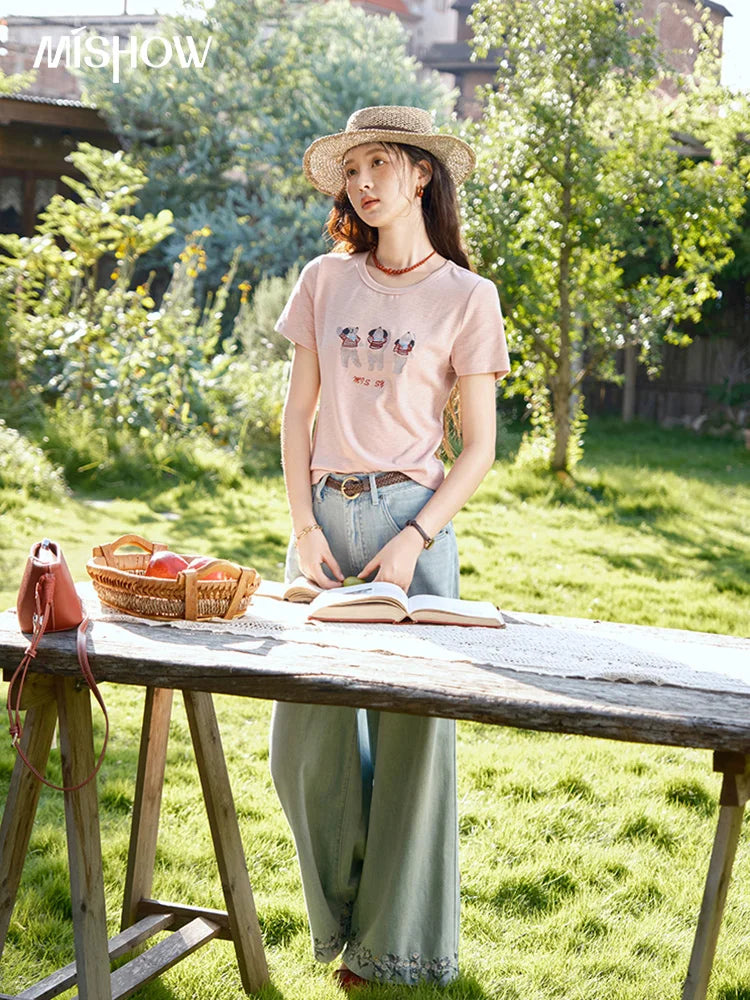 MISHOW Short Sleeve Little Bear Print T-shirt for Women 2025 Summer New O-Neck Embroidery Top Versatile Loose Tee MXE39T0699