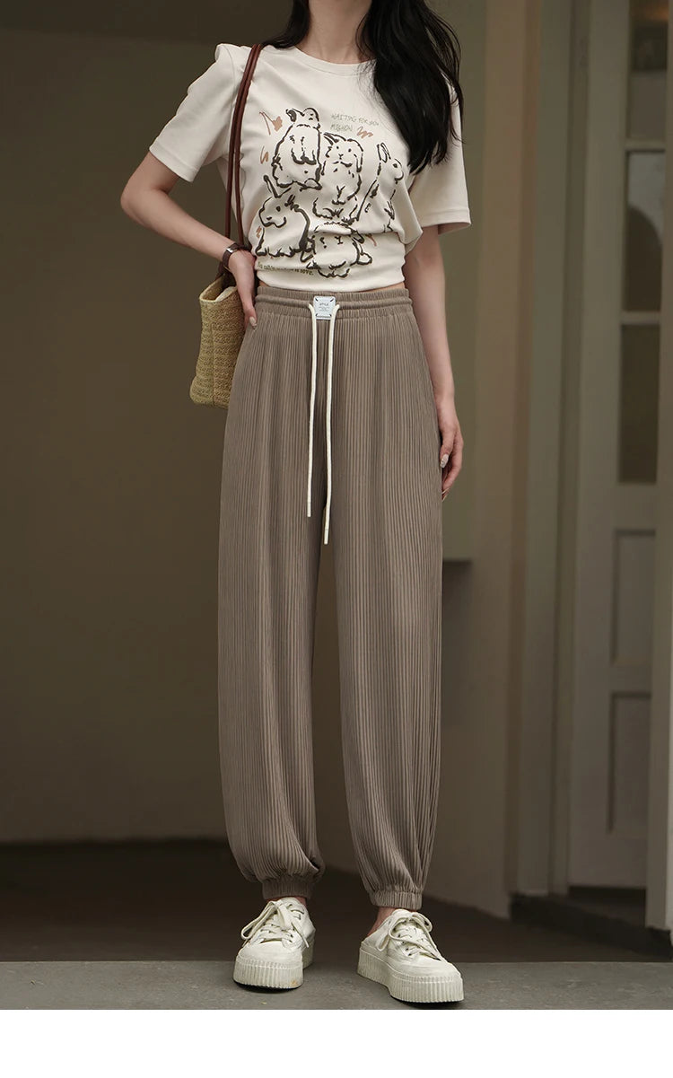 MISHOW Casual Pants for Women 2023 Summer Solid High Waist Slim Straight Elastic Waist Trousers Ankle-Length Pants MXC33K0069