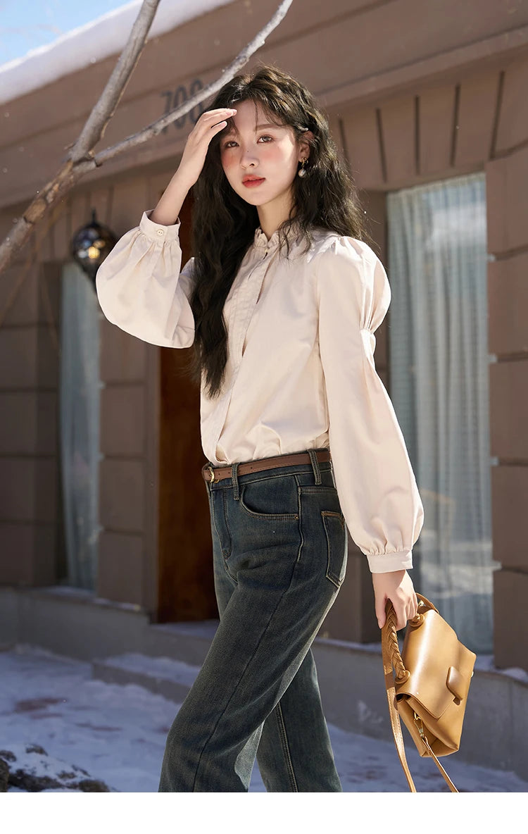 MISHOW French Autumn Winter Button Up Lantern Long Sleeve Shirts Women Ruffle Neck Thick Warm Blouse Flannel Shirt MXC56X1320