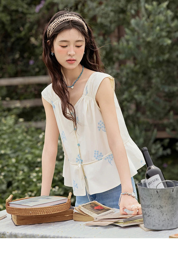 MISHOW Print Sleeveless V-Neck Blouse Blue Flower Cotton MXE32X1777
