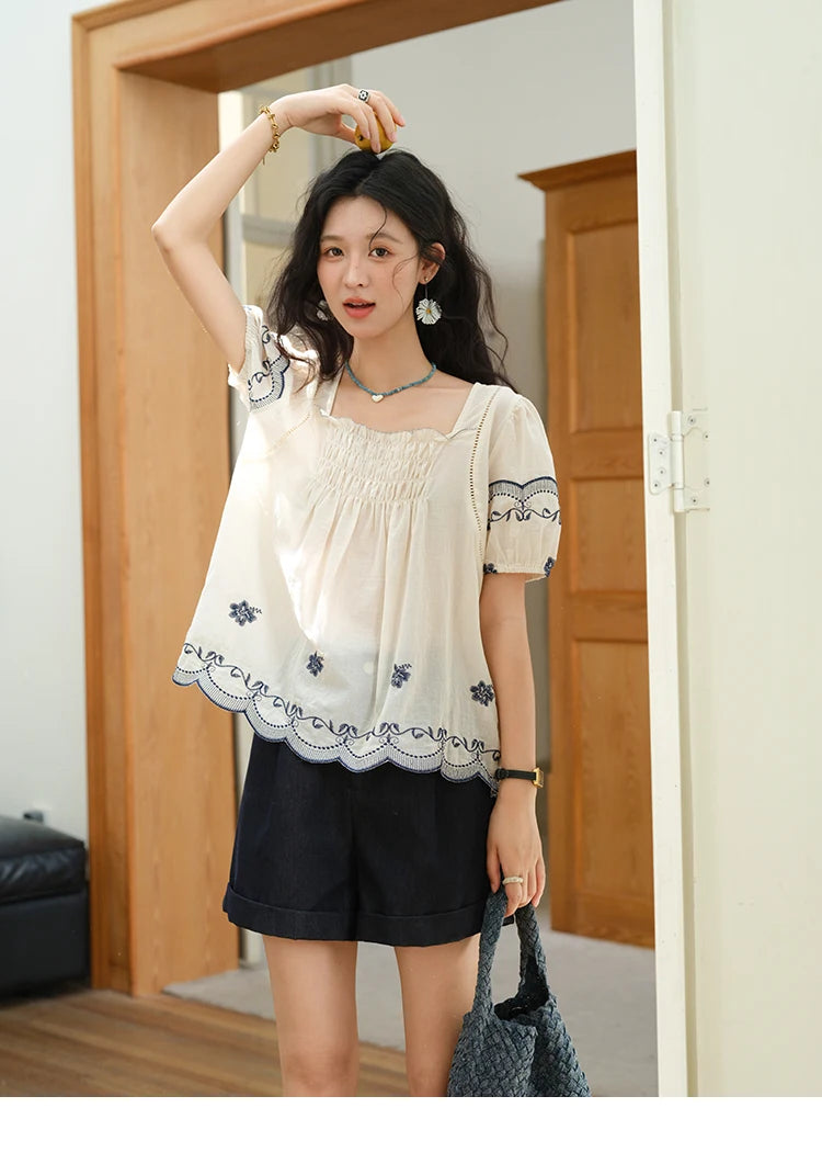 MISHOW Square Neck Puff Sleeve Women's Blouse 2025 Summer Fashion Flower Embroidery Hollow Out Blouse Female Clothing MXE39X1953