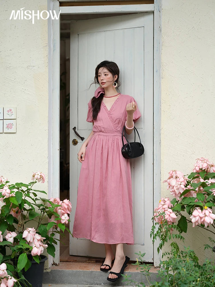 MISHOW Summer Fashion V-neck Dress Woman 2025 New Puff Sleeve Sashes Elegant Pocket Vacation Dresses Ladies Clothing MXE39L2381
